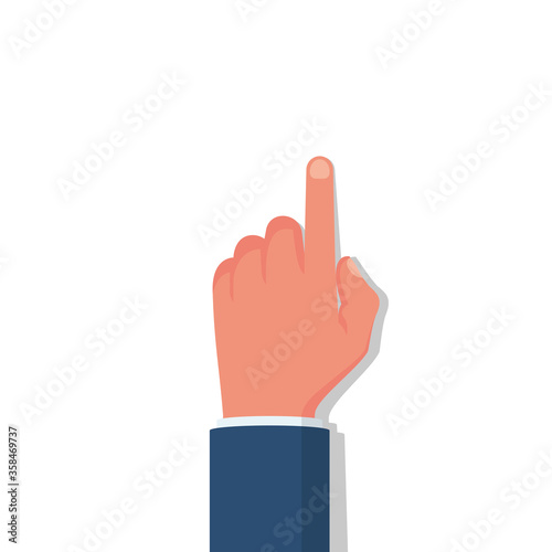Hand in a flat style touches the surface. Touch icon. Index finger touches the monitor, template for web and print. Vector illustration flat design. Isolated on white background.