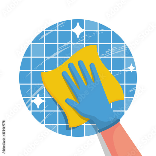 Cleaning service flat logo icon. Hand in glove with a rag. Cleanliness and shine. Hygiene and disinfection. Housekeeping concept. Work at home. Vector illustration flat design.