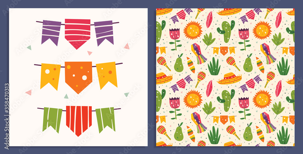 Mexico holiday. Little cute decor, sombrero, maracas, cactus, sun, flags, pear, leaves and grass. Mexican party. Latin America. Flat colourful vector seamless pattern, texture, background. Card making