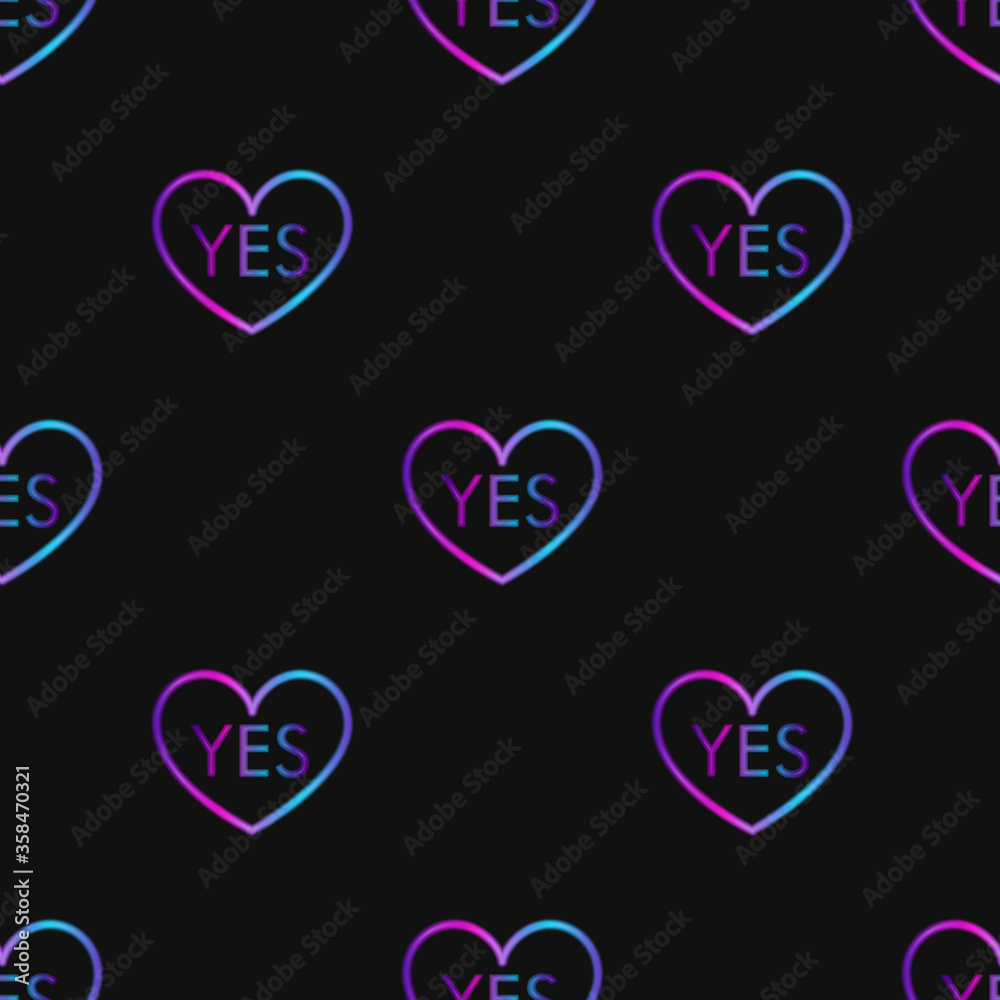 Seamless pattern with neon heart with word yes on black background. Violet, pink and blue gradient. Stock illustrtaion for web, print, holiday cards and invitations, wallpaper Seamless pattern with neon heart with word yes on black background. Violet, pink and blue gradient. Stock illustrtaion for web, print, holiday cards and invitations, wallpaper