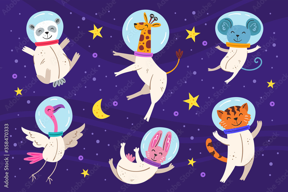 Big cosmos vector flat illustration, set of elements, stickers, icons. Isolated on background. Animals in outer space. Astronaut suit. Giraffe, rabbit, mouse, tiger, flamingo, panda. Galaxy, science. Big cosmos vector flat illustration, set of elements, stickers, icons. Isolated on background. Animals in outer space. Astronaut suit. Giraffe, rabbit, mouse, tiger, flamingo, panda. Galaxy, science.