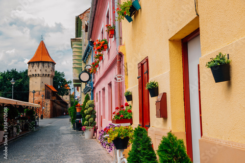 Medieval old town, Carpenters tower and Cetatii street in Sibiu, Romania photo