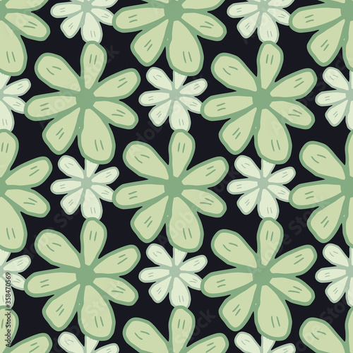 Big green chamomiles flower seamless pattern on black background. Cute daisies flowers endless wallpaper. Doodle style.