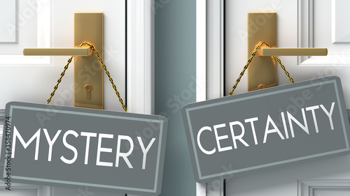 certainty or mystery as a choice in life - pictured as words mystery, certainty on doors to show that mystery and certainty are different options to choose from, 3d illustration photo
