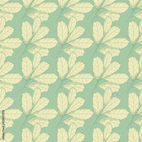 Vintage green leaf seamless pattern. Tree leaves background. Autumn floral wallpaper.