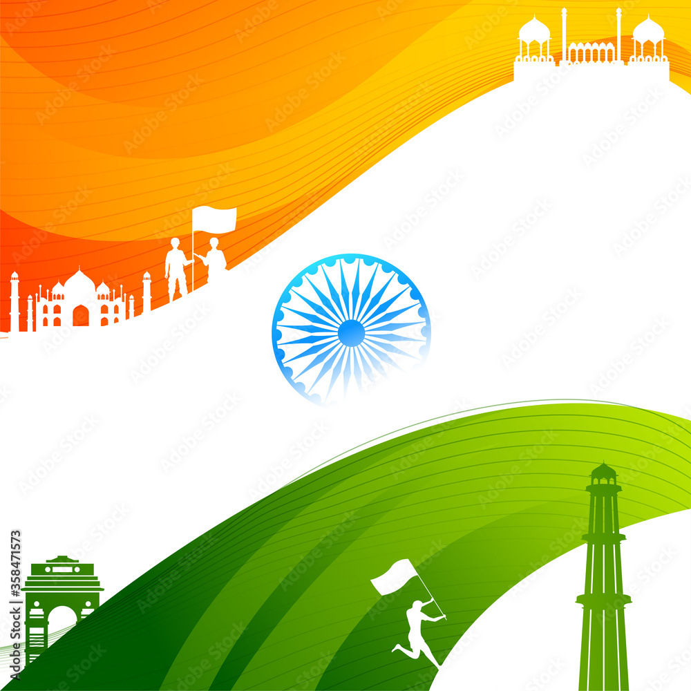 Indian Tricolor Abstract Wavy Background with Ashoka Wheel, Famous  Monuments and Human holding a National Flag for Independence Day. Stock  Vector | Adobe Stock