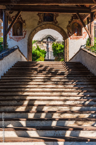 Magical Gothic architecture in Austria. Panorama on Lake Worthersee. Maria Worth church and sanctuary.