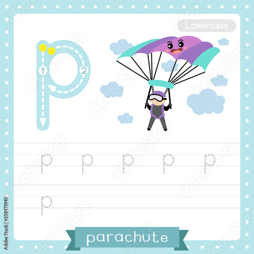 Letter P lowercase tracing practice worksheet of Parachute