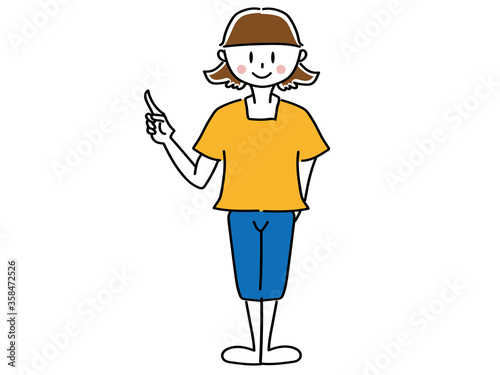 笑顔で指をさすシンプルな主婦女性母親女性のベクターで描いたイラスト素材