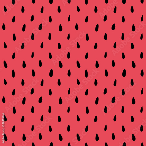 Watermelon black seeds on pink red pulp background, seamless pattern. Summer fruit print for textile, apparel, fabric, wrapping paper. EPS10, editable