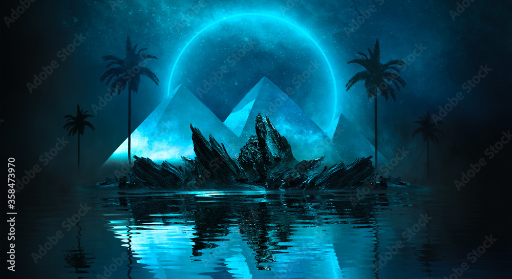 Futuristic night landscape with abstract landscape and island ...