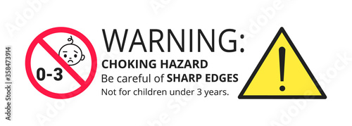 Choking hazard forbidden sign sticker not suitable for children under 3 years isolated on white background vector illustration. Warning triangle, sharp edges and small parts danger.
