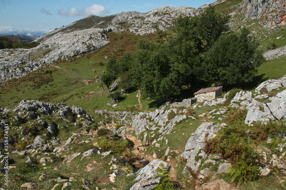 Stone hut at Lagos de Covadonga in Picos de Europa National Park in Asturias,Spain,Europe
