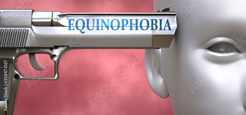 Equinophobia can be dangerous for people - pictured as word Equinophobia on a pistol terrorizing a person to show that it can be unsafe or unhealthy, 3d illustration photo