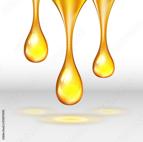 Vector stock set of supreme collagen gold drop of oil essence isolated on white background. Luxury Premium gold shining serum droplet