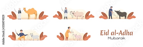 Islam man holds a cleaver knife to kill animals. Illustration about the festival of Sacrifice. Eid al-Adha. Qurban. photo