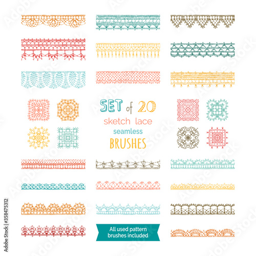 Vector set of 20 sketch lace seamless brushes.