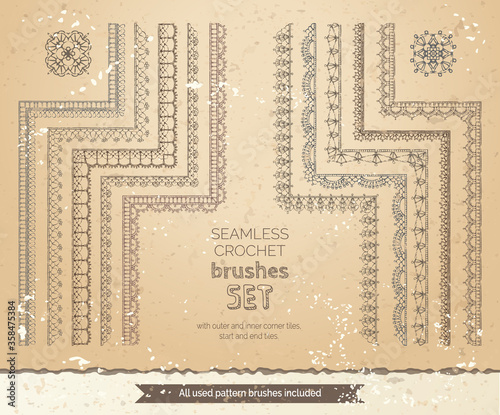 Vector set of 10 vintage lace crochet seamless brushes.