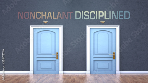 Nonchalant and disciplined as a choice - pictured as words Nonchalant, disciplined on doors to show that Nonchalant and disciplined are opposite options while making decision, 3d illustration