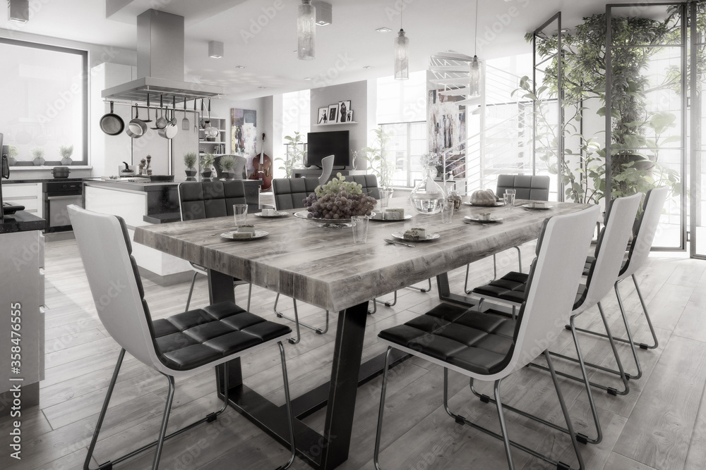 Luxury Residential Loft Interior Design - black and white 3d visualization Luxury Residential Loft Interior Design - black and white 3d visualization