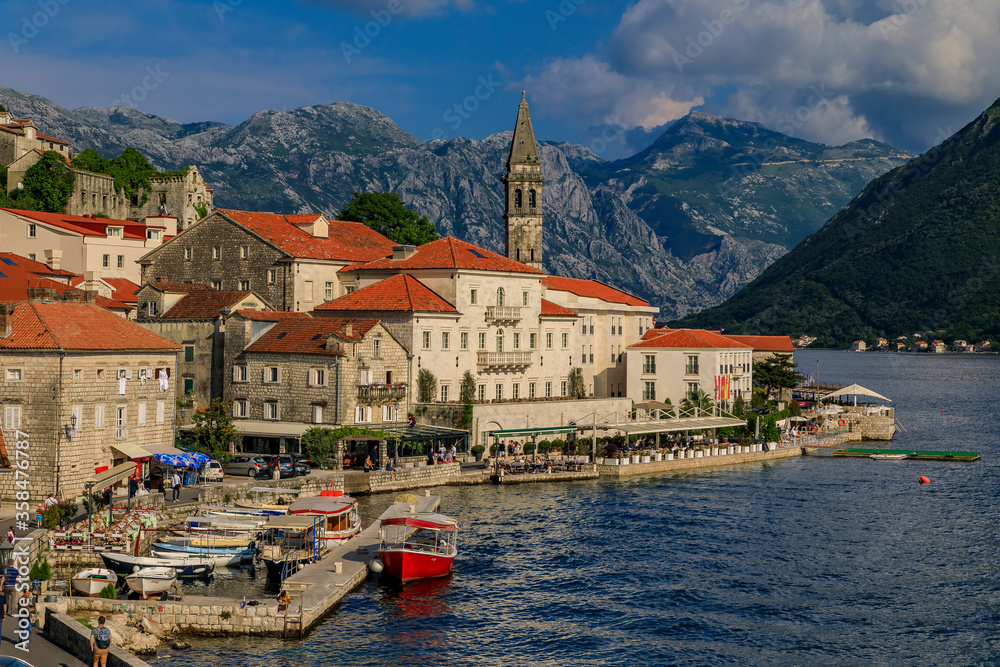 Scenic view of the postcard perfect historic town of Perast in the Bay of Kotor on a sunny day in the summer, Montenegro