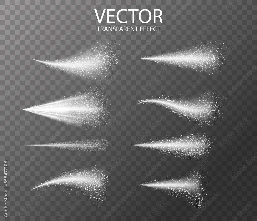 Water spray white smoke or fog dust and dots, mist of atomizer. Trigger Sprayer effect with spray or stream nozzles ,cosmetic design. Abstract dots clouds, blizzard . 3d elements vector illustration - obrazy, fototapety, plakaty 