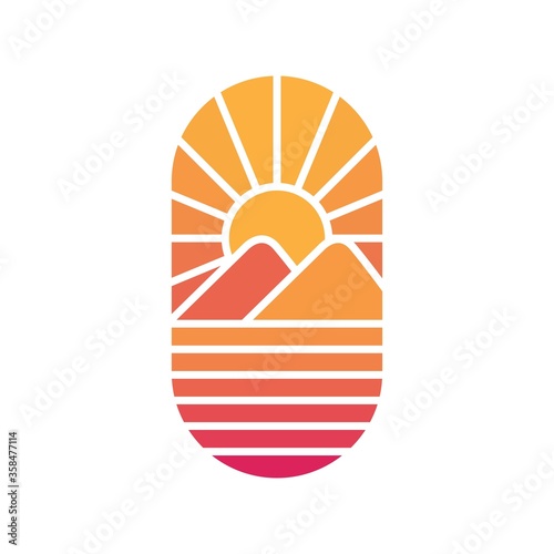 illustration of mountain views with sunrise or sunset on modern style