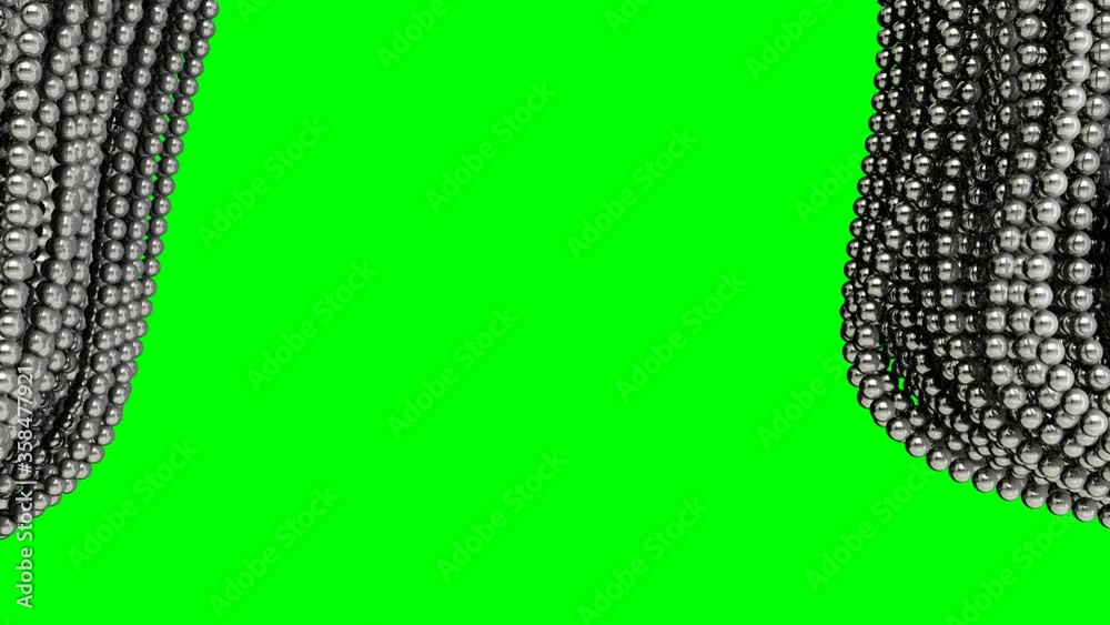 The curtain, wall made of metal circle, balls hanging on the strings opens. The animation is looped. The curtain, wall made of metal circle, balls hanging on the strings opens. The animation is looped.