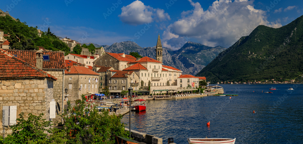 Scenic panorama of a postcard perfect town of Perast, old Venetian city in Kotor Bay on a sunny summer day, Montenegro