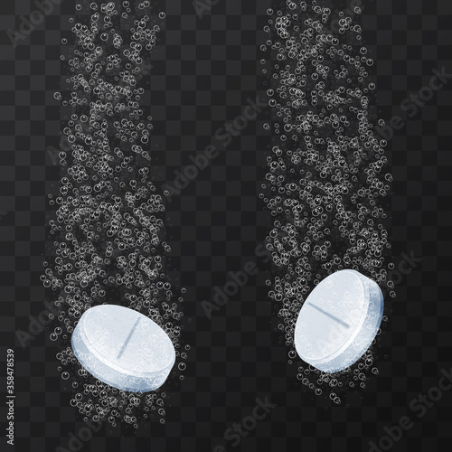 Effervescent water-soluble tablet or drug. Vitamin C, aspirin, pill fizzy falling down in water with sparkle on transparent background. Two blue dissolving tablets. Vector illustration clip art.