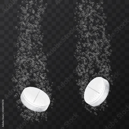 Effervescent water-soluble tablet or drug. Vitamin C, aspirin, pill fizzy falling down in water with sparkle on transparent background. Two dissolving tablets. Vector illustration clip art.