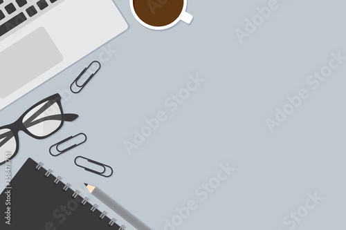 Workspace with office supplies including notebook, laptop computer, coffee cup and stationery. Business concept. Flat design vector illustration.