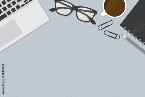 Flat design vector illustration of workspace with office supplies including notebook, laptop computer, coffee cup and stationery. Business concept. 