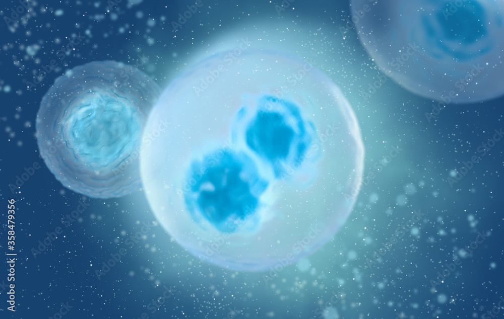 Medical abstract background, microscopic cells in the process of division float in plasma, blue palette, 3D rendering