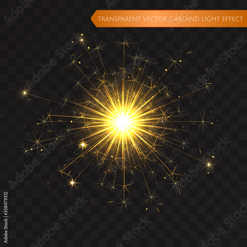 Christmas realistic bengal light effect. Isolated sparkler light vector design elements. Transparent template of glowing sparkler for Xmas Holiday greeting card design. Happy New Year decoration light