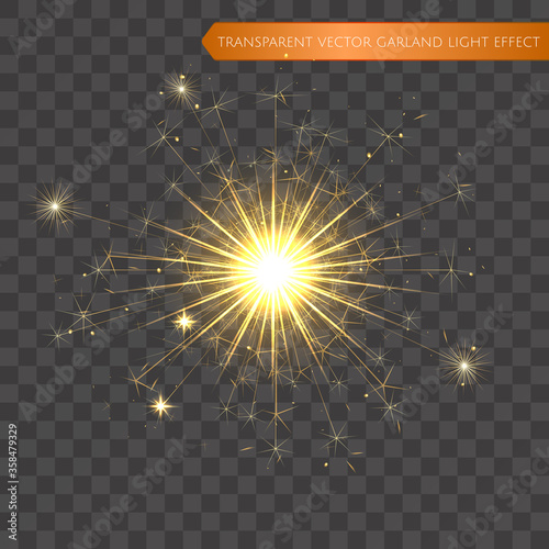 Christmas realistic bengal light effect. Isolated sparkler light vector design elements. Transparent template of glowing sparkler for Xmas Holiday greeting card design. Happy New Year decoration light