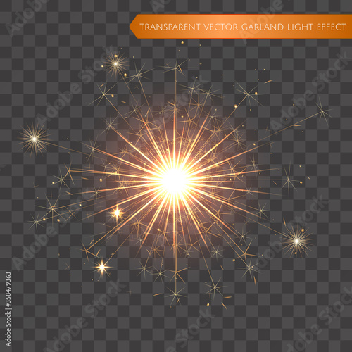 Christmas realistic bengal light effect. Isolated sparkler light vector design elements. Transparent template of glowing sparkler for Xmas Holiday greeting card design. Happy New Year decoration light