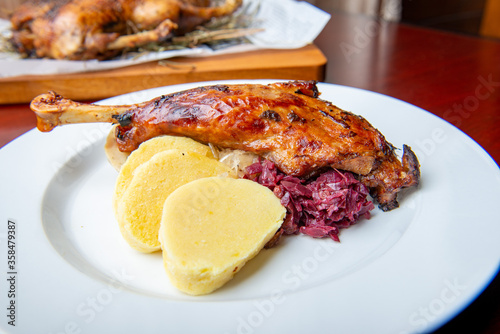 Roasted Goose, Roasted Duck, with cabbage and dumplings