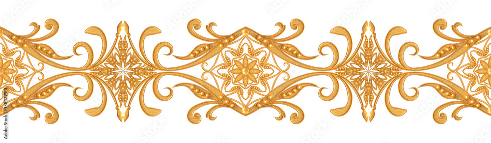 Seamless pattern. Golden textured curls. Oriental style arabesques. Brilliant lace, stylized flowers. Openwork weaving delicate, golden background, 3D rendering. Seamless pattern. Golden textured curls. Oriental style arabesques. Brilliant lace, stylized flowers. Openwork weaving delicate, golden background, 3D rendering.