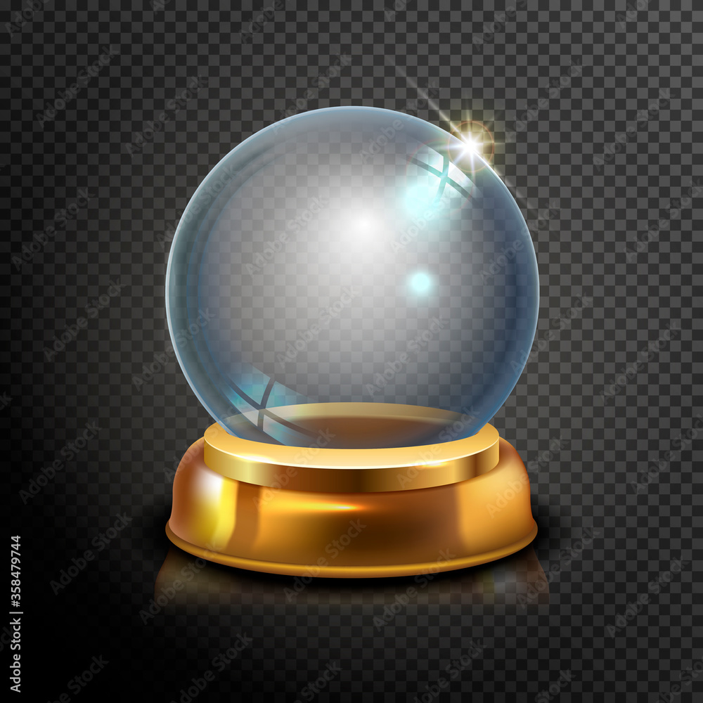 Magic crystal ball of glass and gold . Empty snow globe. White ...
