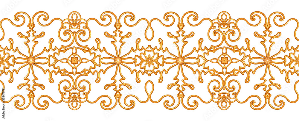 Seamless pattern. Golden textured curls. Oriental style arabesques. Brilliant lace, stylized flowers. Openwork weaving delicate, golden background, 3D rendering. Seamless pattern. Golden textured curls. Oriental style arabesques. Brilliant lace, stylized flowers. Openwork weaving delicate, golden background, 3D rendering.