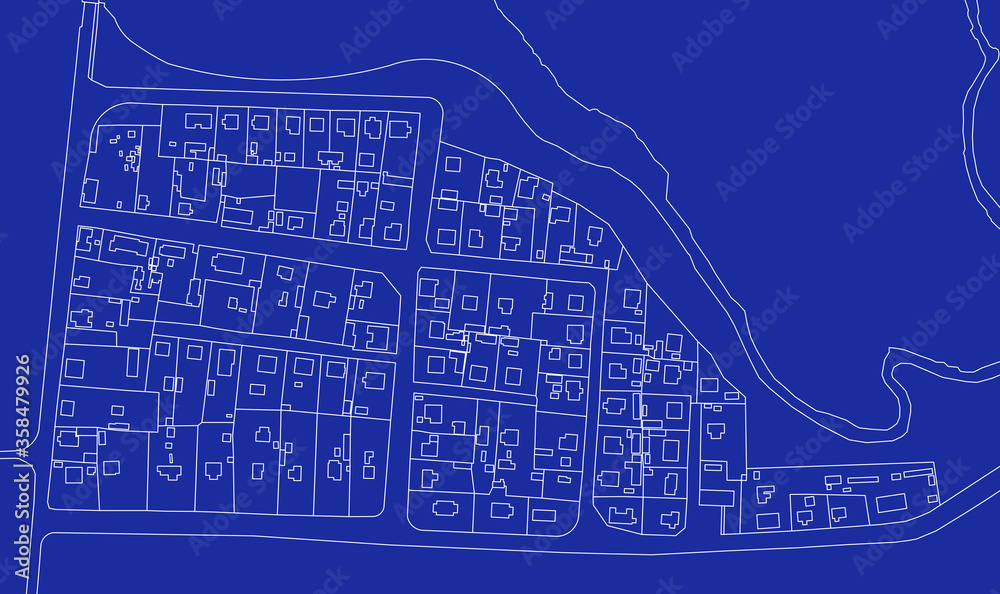 Naklejka premium Part of urban plan of a town and river. Vector abstract topographic map for your design. Retro blueprint.