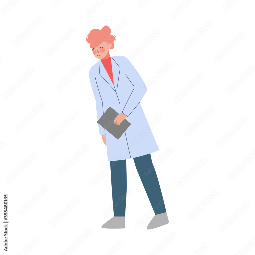 Female Scientist or Doctor Character, Woman in White Coat Standing with Clipboard Flat Style Vector Illustration Female Scientist or Doctor Character, Woman in White Coat Standing with Clipboard Flat Style Vector Illustration
