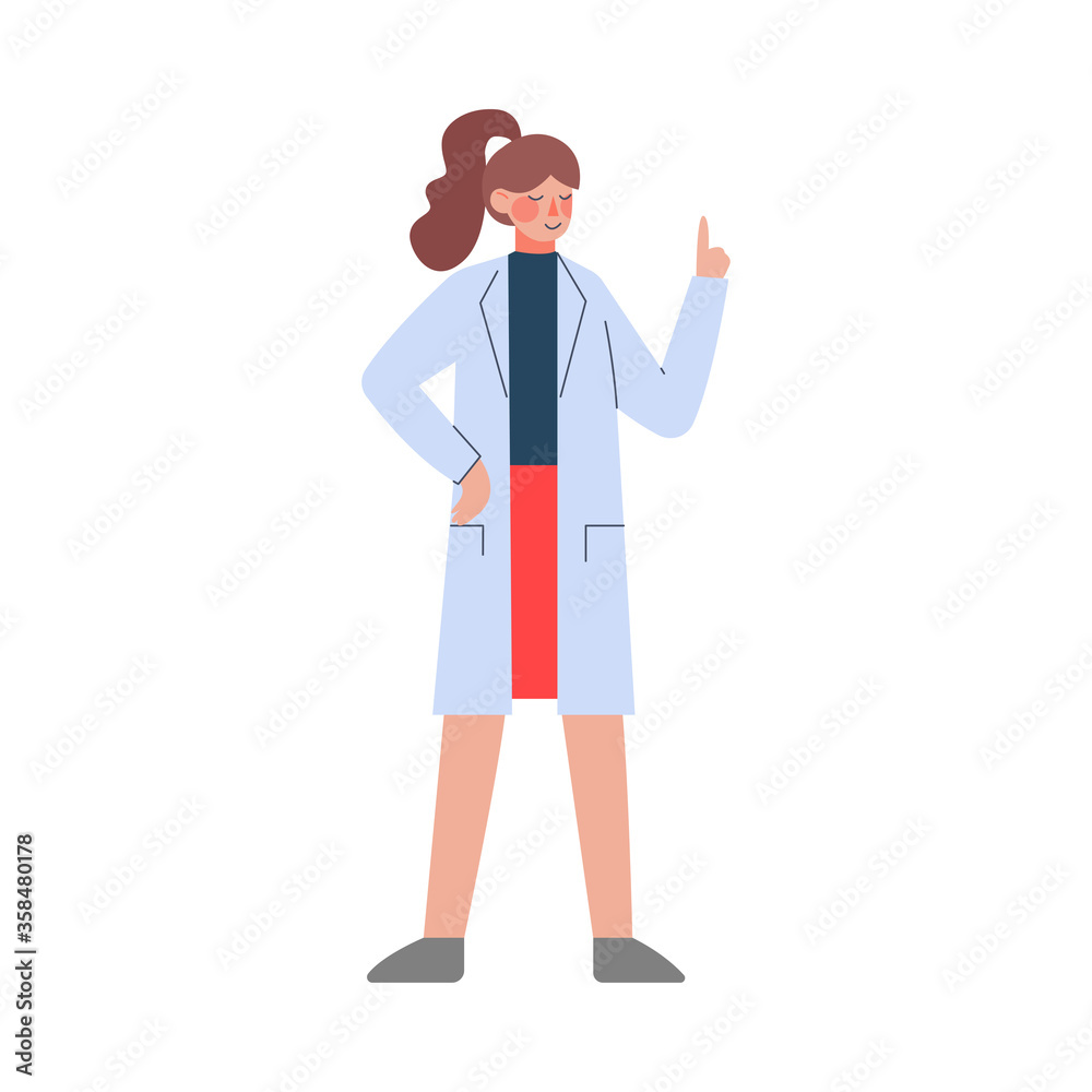 Female Scientist or Doctor Character, Woman in White Coat Giving Advice with Raised Index Finger Flat Style Vector Illustration