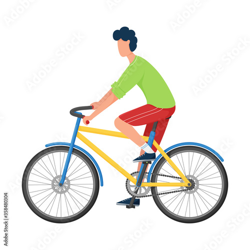 A young man rides a Bicycle in bright casual clothes and sneakers. Flat style. Sports training, active lifestyle. Color vector illustration. Isolated on a white background