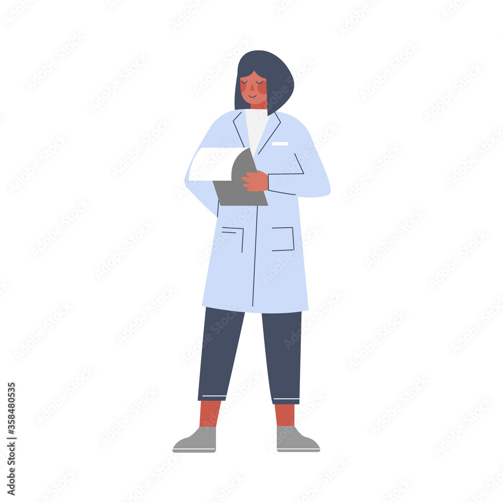 Scientist or Doctor Character, Woman in White Coat Standing with Clipboard Flat Style Vector Illustration Scientist or Doctor Character, Woman in White Coat Standing with Clipboard Flat Style Vector Illustration