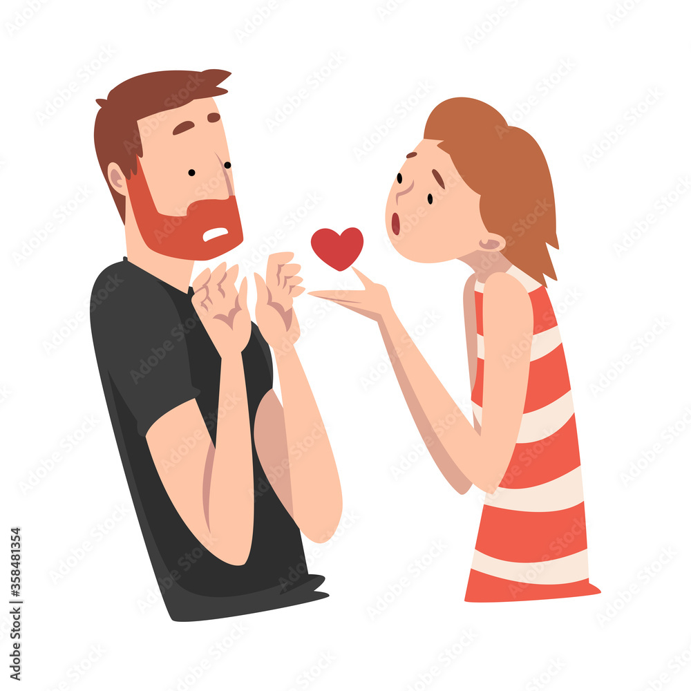 Girl offers her heart to a bearded guy. Undivided love. Vector illustration. Girl offers her heart to a bearded guy. Undivided love. Vector illustration.