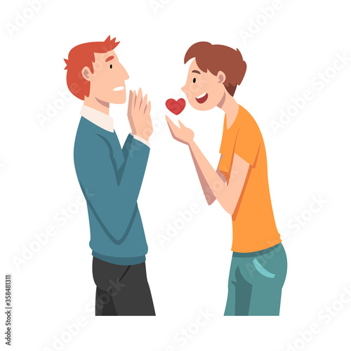 Guy offers his heart to the guy. Undivided love. Vector illustration.