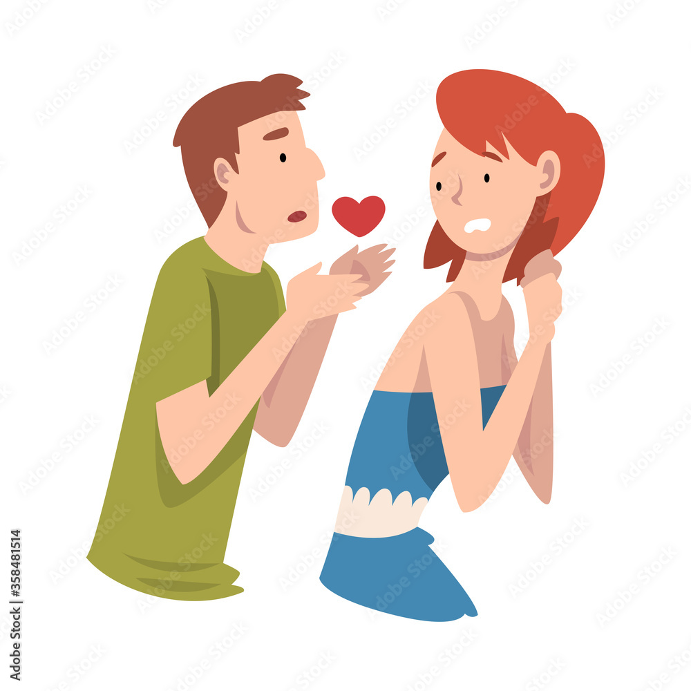 Girl refuses the proposal of the heart of a young man. Undivided love. Vector illustration. Girl refuses the proposal of the heart of a young man. Undivided love. Vector illustration.