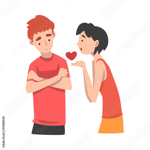Young woman offers her heart to a young man. Undivided love. Vector illustration.